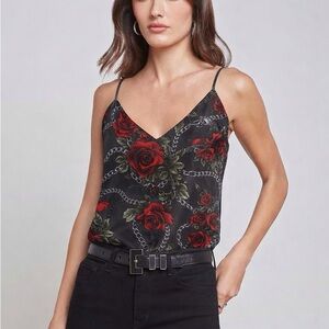 L'Agence Jane Silk Camisole Sz XS in Dark Shadow/Red Chain Roses